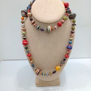Teng Yue Bold Colorful Paper Bead Necklace 32" Boho Chic festival eco statement